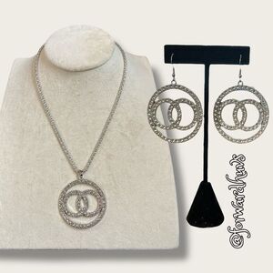 Silver Tone and Rhinestone Necklace and Earrings Set